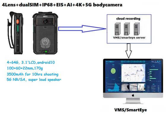 High Bitrate 256kbps-8Mbps 5G Body Camera dengan Kamera Belakang 13 Juta Pixel
