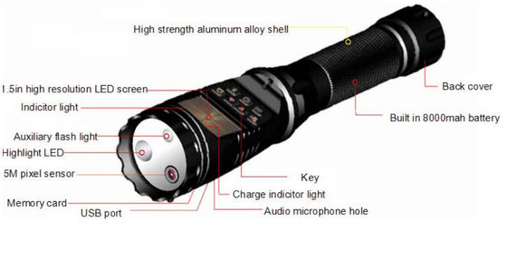 H.264 Polisi Keamanan senter DVR Multi Fungsional 8000mAh Baterai CE Disetujui